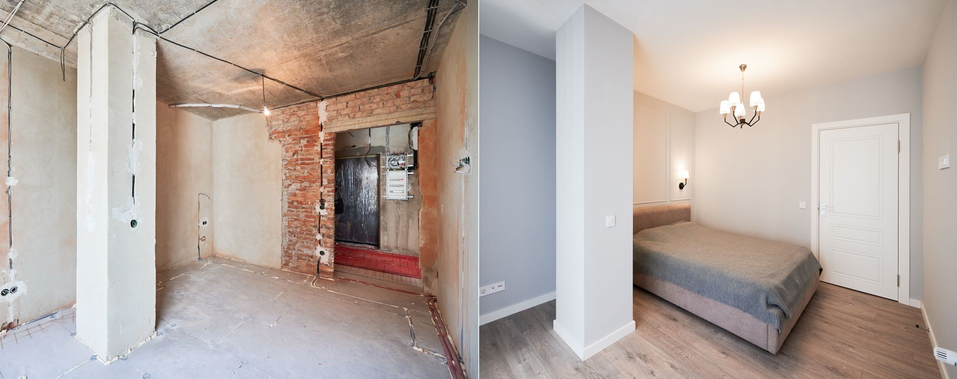Side-by-side comparison of a room before and after renovation, showing transformation from unfinished to furnished.